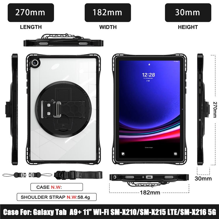 For Samsung Galaxy Tab A9+ SM-X210 / X216 / X218 Kickstand Case Hand Strap PC+TPU+Acrylic Cover with Shoulder Strap - Black