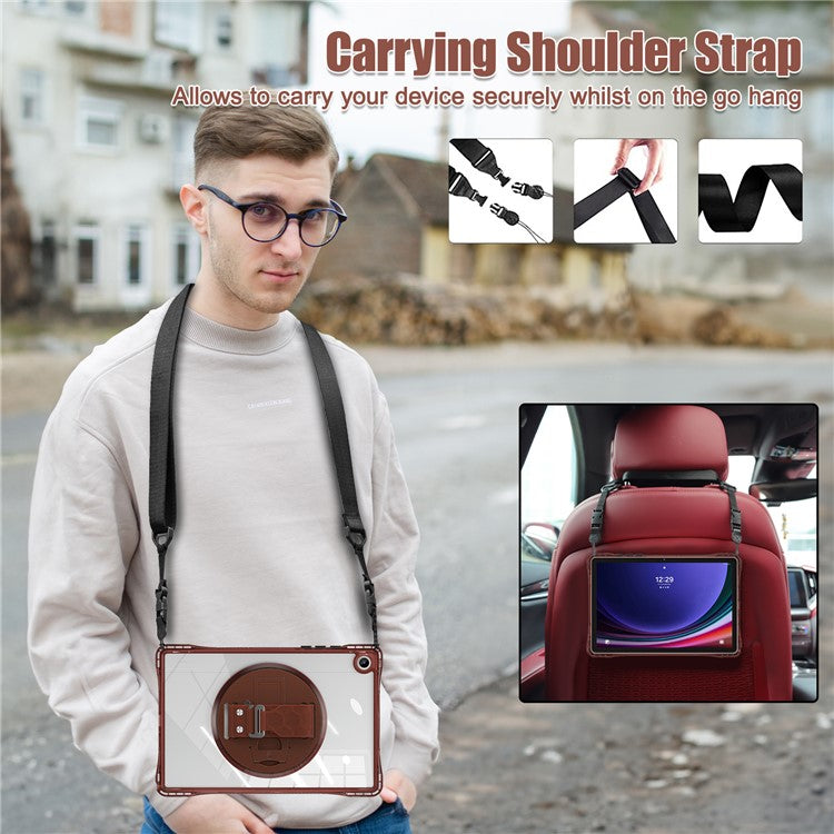 For Samsung Galaxy Tab A9+ SM-X210 / X216 / X218 Kickstand Case Hand Strap PC+TPU+Acrylic Cover with Shoulder Strap - Chocolate Color