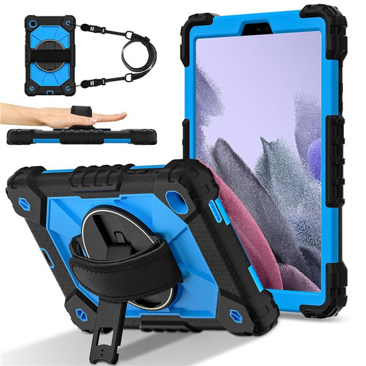 For Samsung Galaxy Tab A7 Lite 8.7-inch T225 / T220 Case Silicone + PC Kickstand Tablet Cover with Handy Strap, Shoulder Strap - Black / Blue