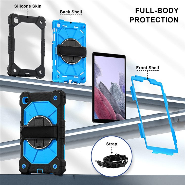 For Samsung Galaxy Tab A7 Lite 8.7-inch T225 / T220 Case Silicone + PC Kickstand Tablet Cover with Handy Strap, Shoulder Strap - Black / Blue