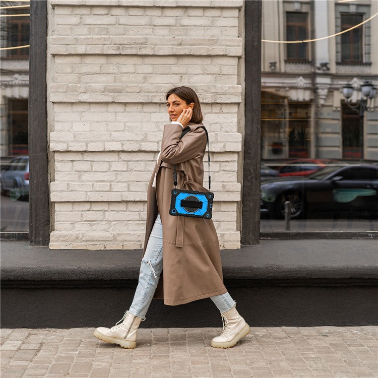 For Samsung Galaxy Tab A7 Lite 8.7-inch T225 / T220 Case Silicone + PC Kickstand Tablet Cover with Handy Strap, Shoulder Strap - Black / Blue