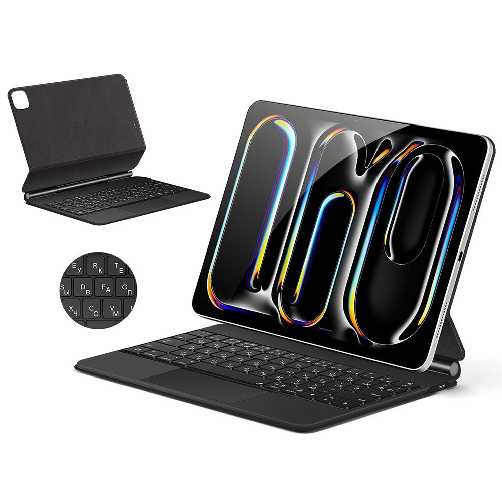 For iPad Pro 11 (2024) Smart Pogo Pin Direct Connection Keyboard (Russian Layout) + Leather Tablet Case