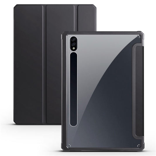 For Samsung Galaxy Tab S8+ / S7+ T970 / Tab S7 FE T730 T736 Trifold Stand Protective Case PU Leather + TPU + Acrylic Smart Cover with Auto Sleep / Wake - Black