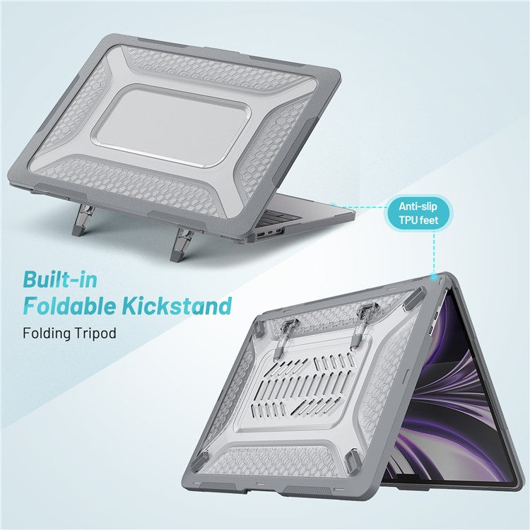 For MacBook Air 13 inch (2025) / (2024) / (2022) M2 A2681 Heat Dissipation Laptop Case Shockproof Hard PC Soft TPU Kickstand Cover - Grey