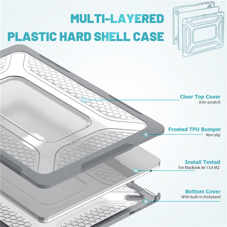 For MacBook Air 13 inch (2025) / (2024) / (2022) M2 A2681 Heat Dissipation Laptop Case Shockproof Hard PC Soft TPU Kickstand Cover - Grey