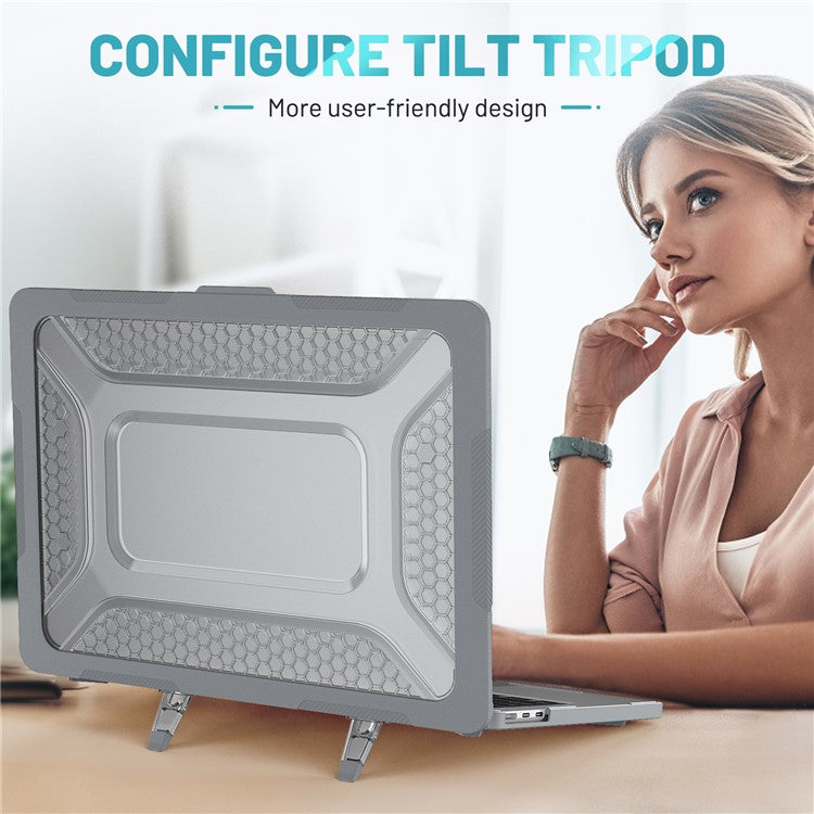 For MacBook Air 13 inch (2025) / (2024) / (2022) M2 A2681 Heat Dissipation Laptop Case Shockproof Hard PC Soft TPU Kickstand Cover - Grey