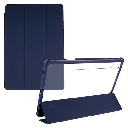 For Samsung Galaxy Tab S7 FE / Tab S7+ / Tab S8+ Skin-touch Tri-fold Stand Tablet  Case PU Leather TPU Acrylic Clear Tablet Cover - Blue
