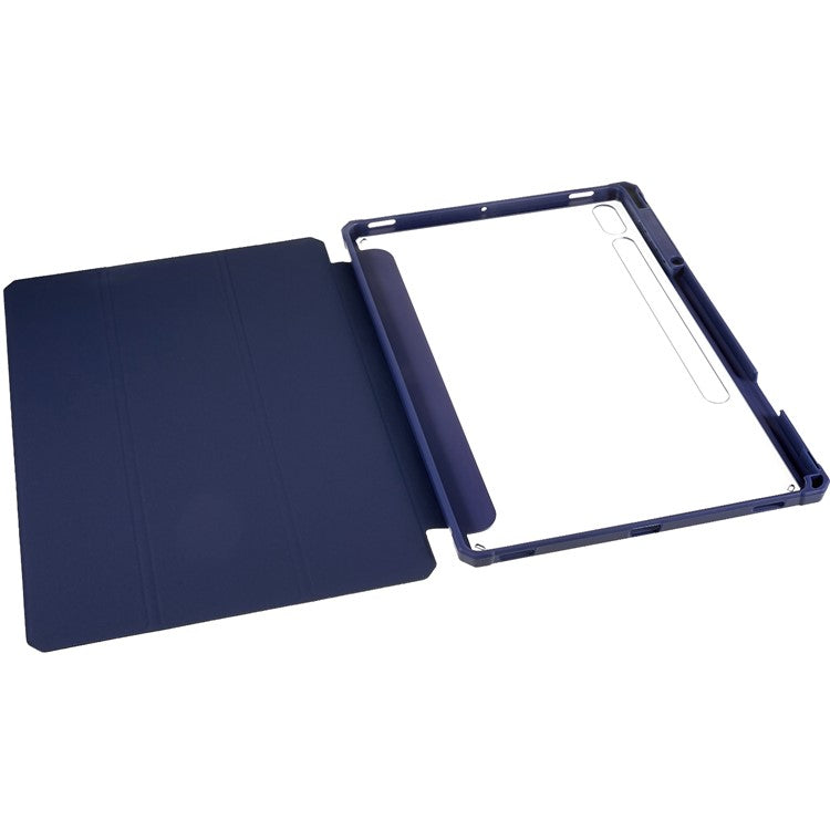 For Samsung Galaxy Tab S7 FE / Tab S7+ / Tab S8+ Skin-touch Tri-fold Stand Tablet  Case PU Leather TPU Acrylic Clear Tablet Cover - Blue