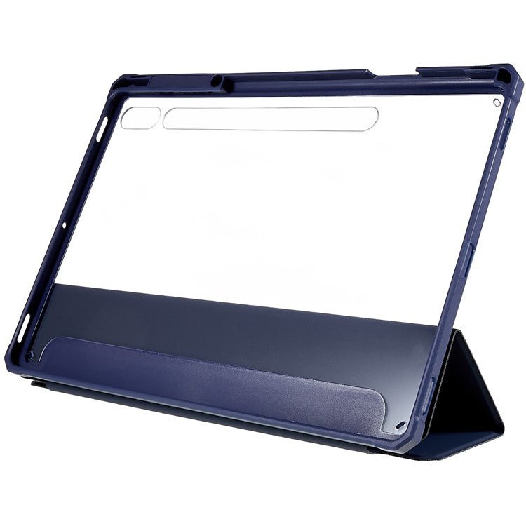 For Samsung Galaxy Tab S7 FE / Tab S7+ / Tab S8+ Skin-touch Tri-fold Stand Tablet  Case PU Leather TPU Acrylic Clear Tablet Cover - Blue