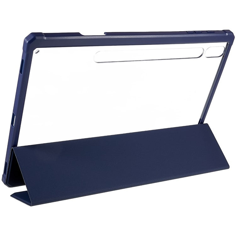 For Samsung Galaxy Tab S7 FE / Tab S7+ / Tab S8+ Skin-touch Tri-fold Stand Tablet  Case PU Leather TPU Acrylic Clear Tablet Cover - Blue