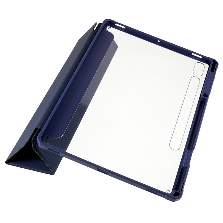 For Samsung Galaxy Tab S7 FE / Tab S7+ / Tab S8+ Skin-touch Tri-fold Stand Tablet  Case PU Leather TPU Acrylic Clear Tablet Cover - Blue