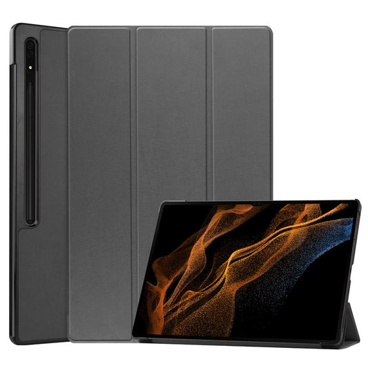 For Samsung Galaxy Tab S8 Ultra Tri-fold Stand Tablet Case Auto Wake / Sleep Leather Tablet Cover - Grey