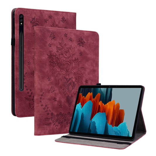 For Samsung Galaxy Tab S10+ / S9+ PU Leather Tablet Cover Butterfly Rose Imprinted Stand Case with Card Slots - Red