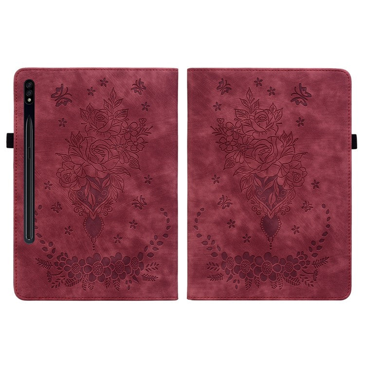 For Samsung Galaxy Tab S10+ / S9+ PU Leather Tablet Cover Butterfly Rose Imprinted Stand Case with Card Slots - Red