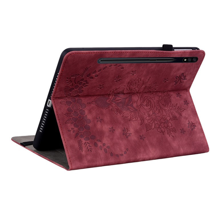 For Samsung Galaxy Tab S10+ / S9+ PU Leather Tablet Cover Butterfly Rose Imprinted Stand Case with Card Slots - Red
