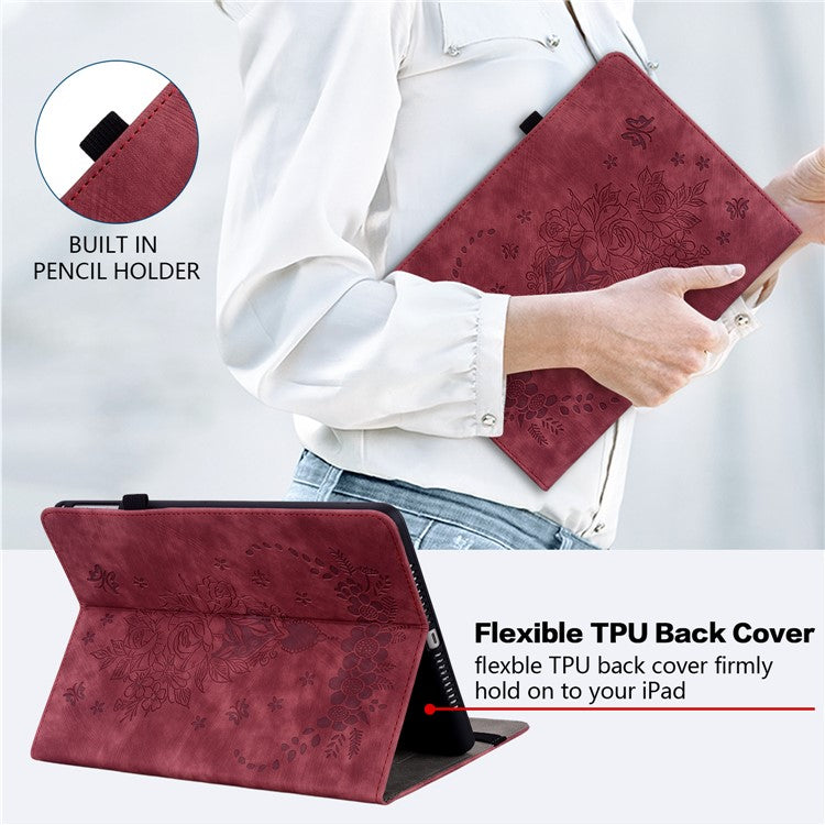 For Samsung Galaxy Tab S10+ / S9+ PU Leather Tablet Cover Butterfly Rose Imprinted Stand Case with Card Slots - Red