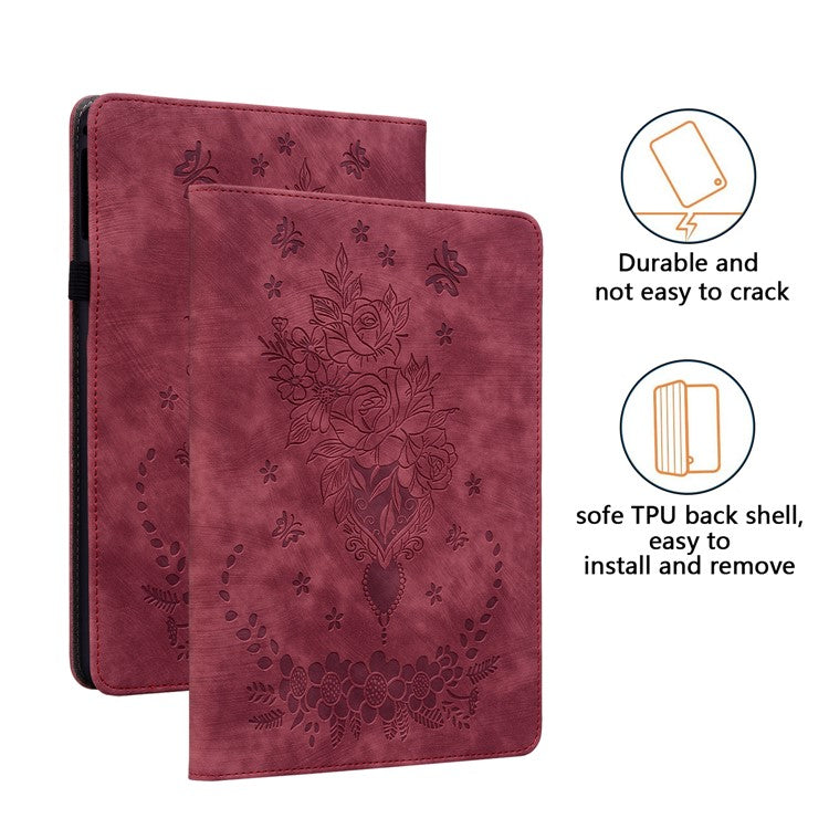 For Samsung Galaxy Tab S10+ / S9+ PU Leather Tablet Cover Butterfly Rose Imprinted Stand Case with Card Slots - Red