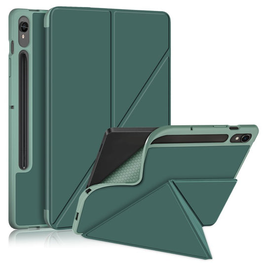 Tablet Case for Samsung Galaxy Tab S9 SM-X710, SM-X716B, SM-X718U PU Leather Origami Stand Protective Cover - Blackish Green