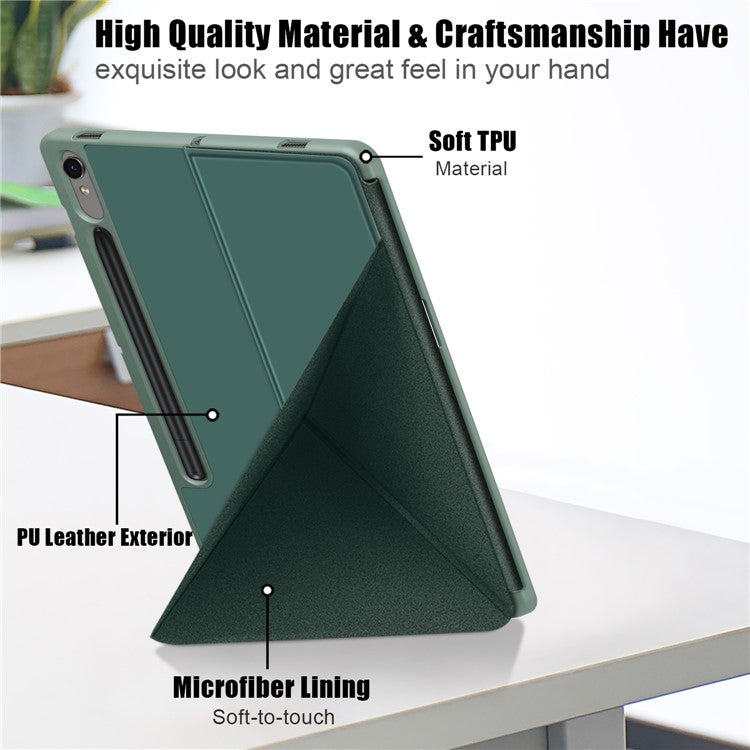 Tablet Case for Samsung Galaxy Tab S9 SM-X710, SM-X716B, SM-X718U PU Leather Origami Stand Protective Cover - Blackish Green
