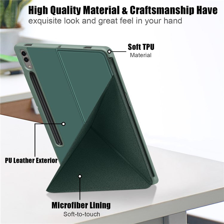 Origami Stand Case for Samsung Galaxy Tab S10+ Wi-Fi SM-X820 SM-X826B / Tab S9+ SM-X810 (Wi-Fi), SM-X816B (5G Global), SM-X818U (5G US) PU Leather Smart Tablet Cover - Blackish Green