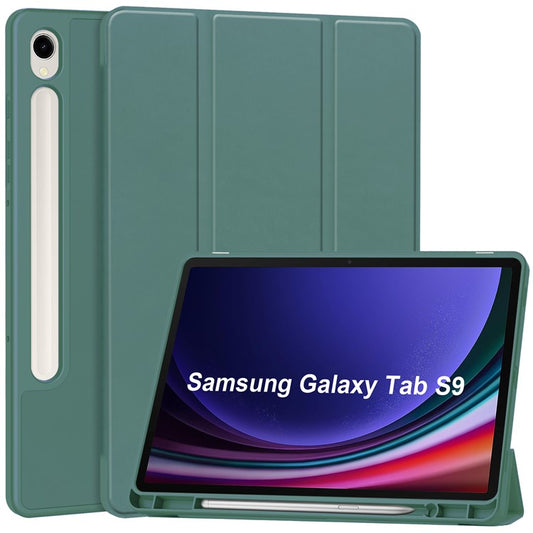 Tri-fold Stand Case for Samsung Galaxy Tab S9 , PU Leather Auto Wake / Sleep Tablet Cover with Pen Slot - Blackish Green