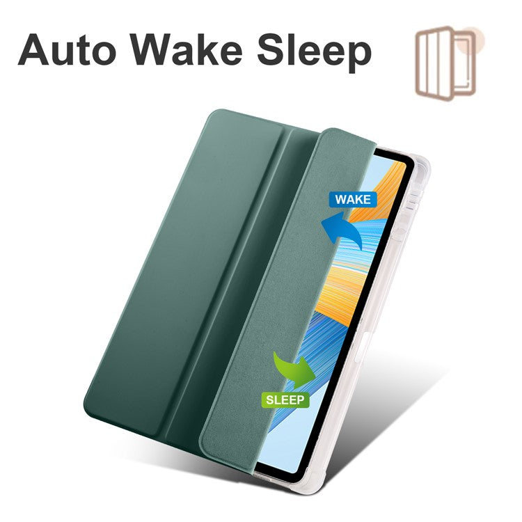 For Honor Pad V8 Pro Trifold Stand Tablet Case PU Leather Transparent TPU Back Smart Cover with Pencil Holder - Midnight Green