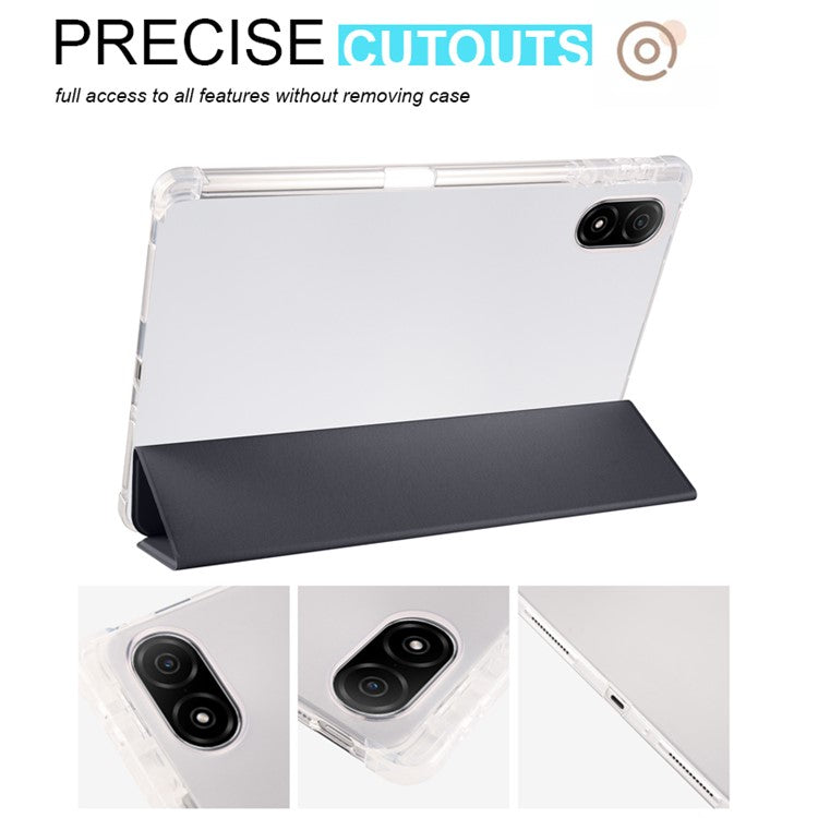 For Honor Pad V8 Pro Trifold Stand Tablet Case PU Leather Transparent TPU Back Smart Cover with Pencil Holder - Black