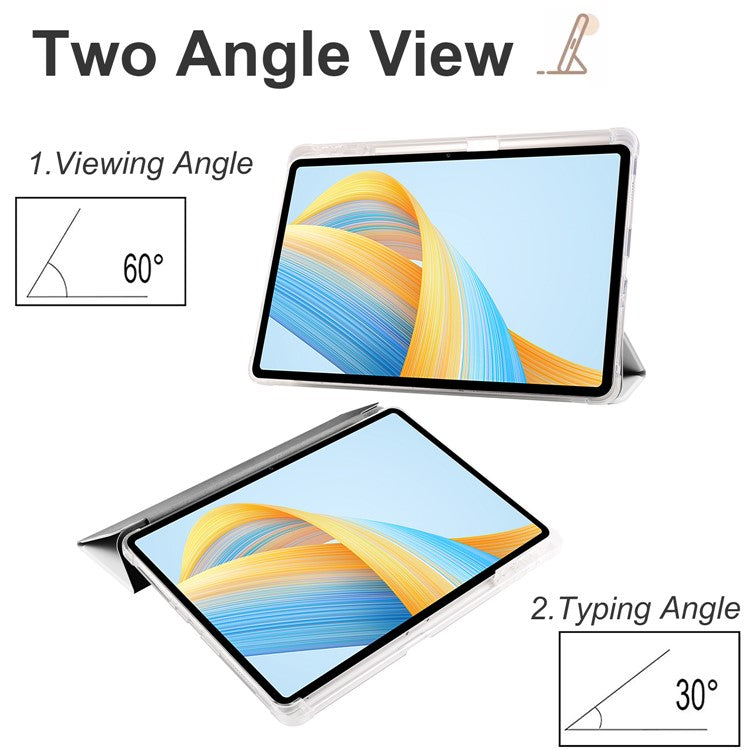 For Honor Pad V8 Pro Trifold Stand Tablet Case PU Leather Transparent TPU Back Smart Cover with Pencil Holder - Grey