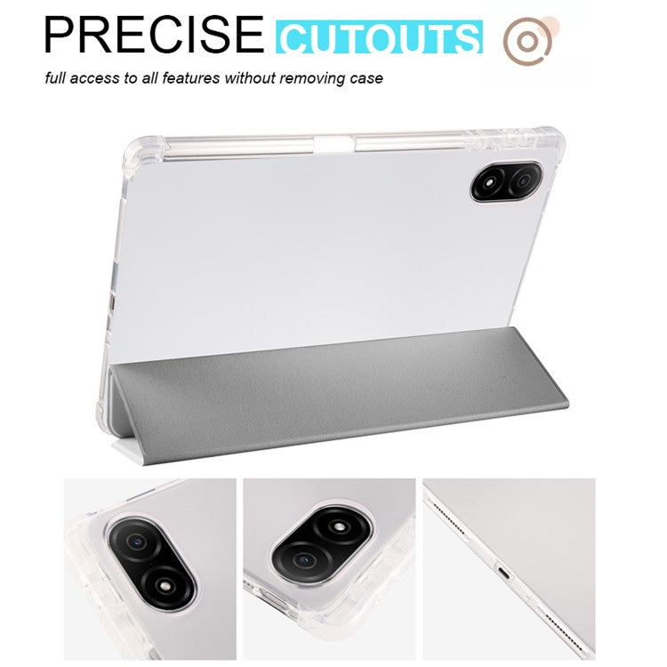 For Honor Pad V8 Pro Trifold Stand Tablet Case PU Leather Transparent TPU Back Smart Cover with Pencil Holder - Grey