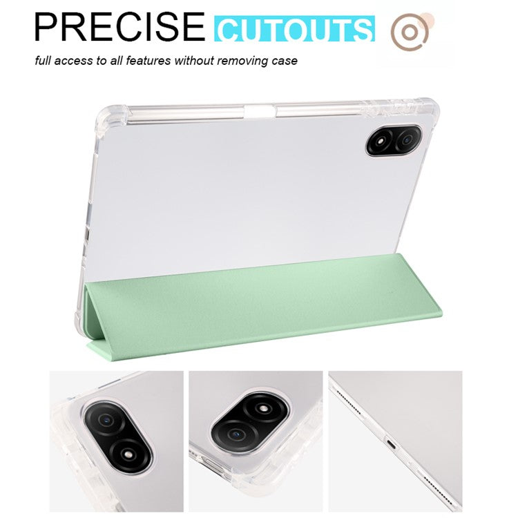 For Honor Pad V8 Pro Trifold Stand Tablet Case PU Leather Transparent TPU Back Smart Cover with Pencil Holder - Matcha Green