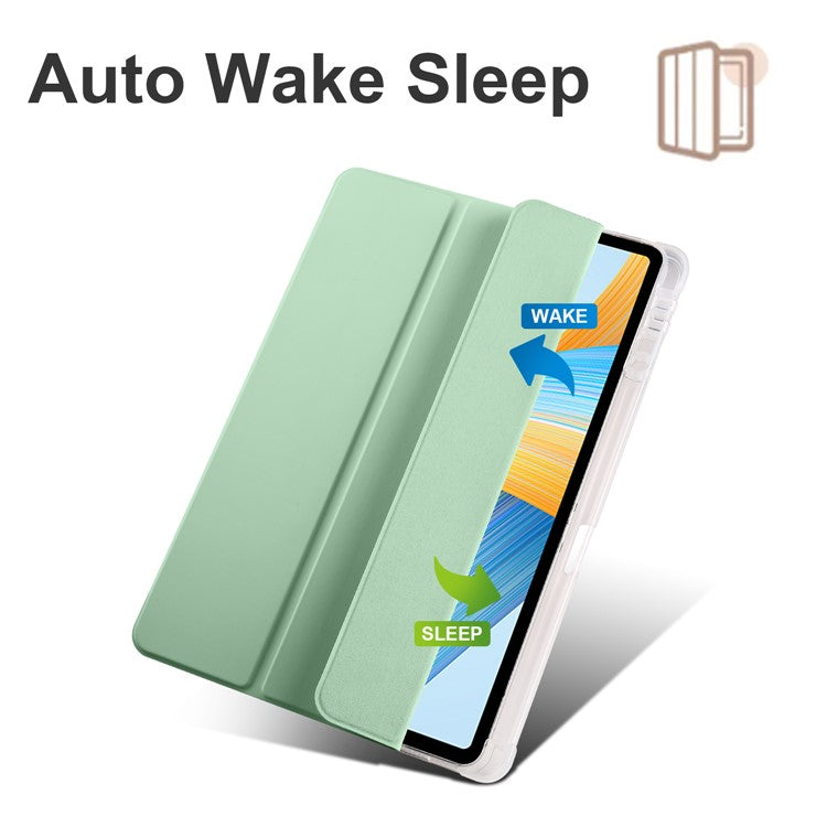 For Honor Pad V8 Pro Trifold Stand Tablet Case PU Leather Transparent TPU Back Smart Cover with Pencil Holder - Matcha Green
