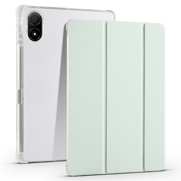 For Honor Pad V8 Pro Trifold Stand Tablet Case PU Leather Transparent TPU Back Smart Cover with Pencil Holder - Light Green