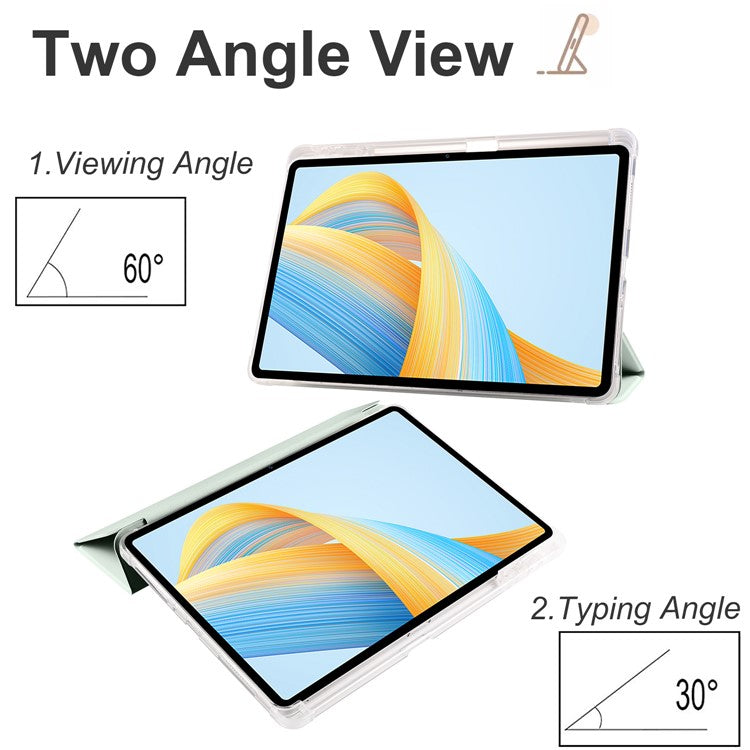 For Honor Pad V8 Pro Trifold Stand Tablet Case PU Leather Transparent TPU Back Smart Cover with Pencil Holder - Light Green