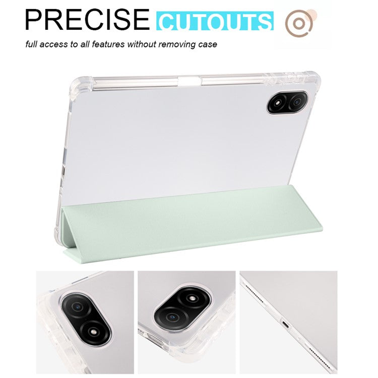 For Honor Pad V8 Pro Trifold Stand Tablet Case PU Leather Transparent TPU Back Smart Cover with Pencil Holder - Light Green
