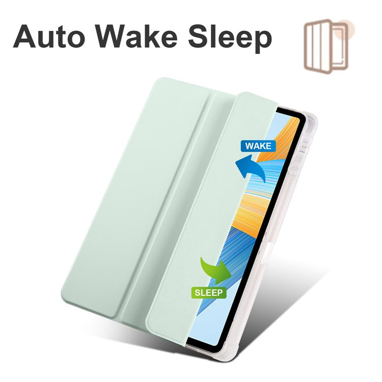For Honor Pad V8 Pro Trifold Stand Tablet Case PU Leather Transparent TPU Back Smart Cover with Pencil Holder - Light Green