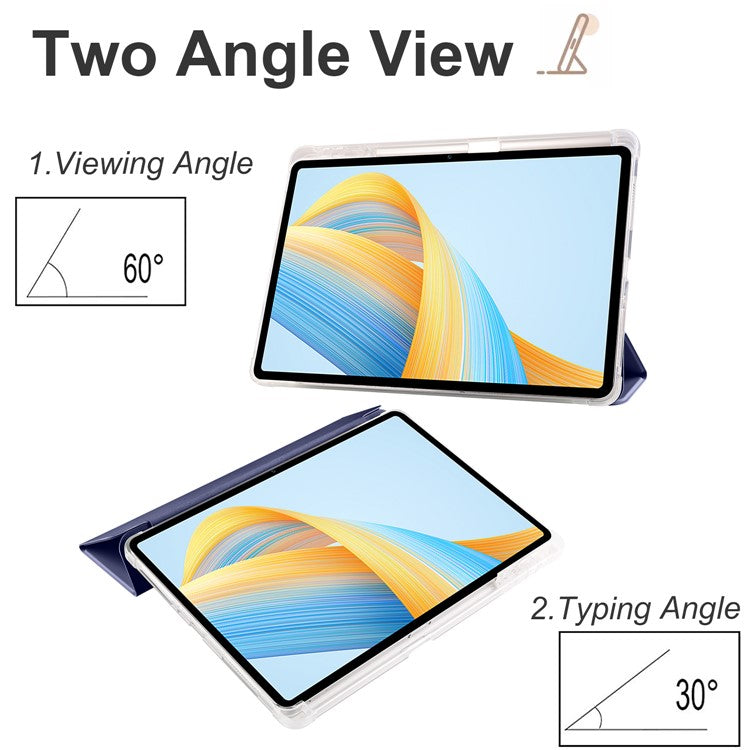 For Honor Pad V8 Pro Trifold Stand Tablet Case PU Leather Transparent TPU Back Smart Cover with Pencil Holder - Dark Blue