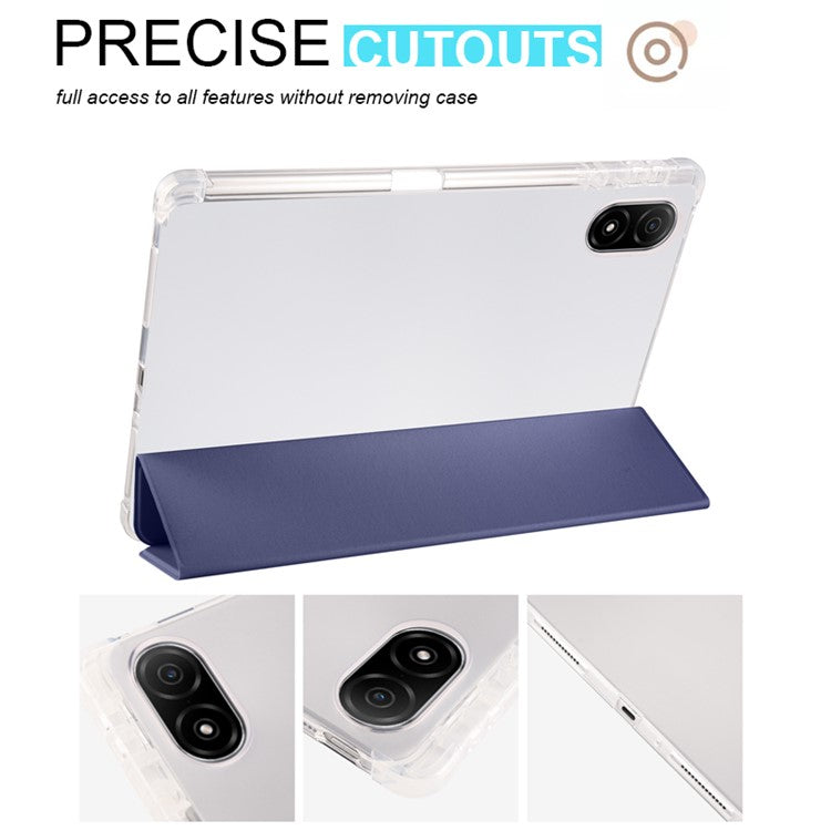 For Honor Pad V8 Pro Trifold Stand Tablet Case PU Leather Transparent TPU Back Smart Cover with Pencil Holder - Dark Blue
