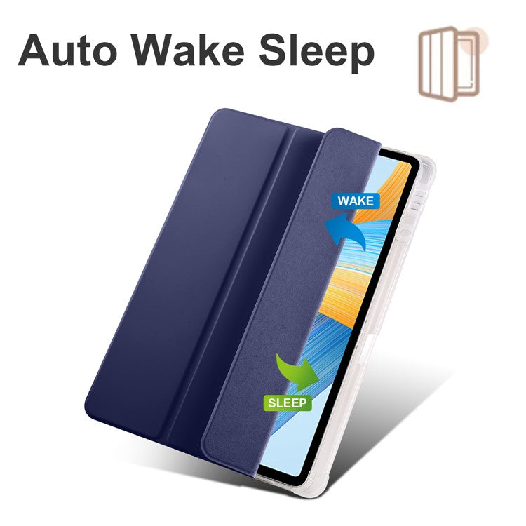 For Honor Pad V8 Pro Trifold Stand Tablet Case PU Leather Transparent TPU Back Smart Cover with Pencil Holder - Dark Blue