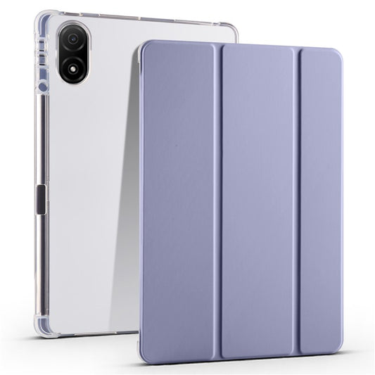 For Honor Pad V8 Pro Trifold Stand Tablet Case PU Leather Transparent TPU Back Smart Cover with Pencil Holder - Purple