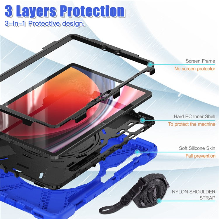 For Samsung Galaxy Tab S9 FE / S9 / S8 / S7 PC+Silicone Protective Case Rotating Kickstand Rugged Tablet Cover with Shoulder Strap - Blue+Black