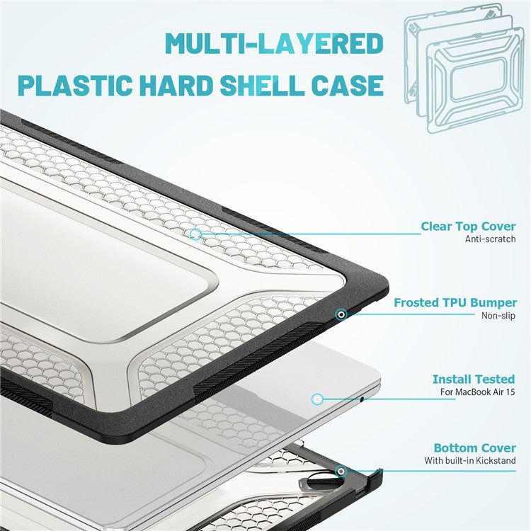 For Macbook Air 15 inch (2025) / (2024) A3114 M3 / (2023) M2 A2941 Anti-Slip Laptop Case Honeycomb Heat Dissipation Kickstand PC+TPU Cover - Black