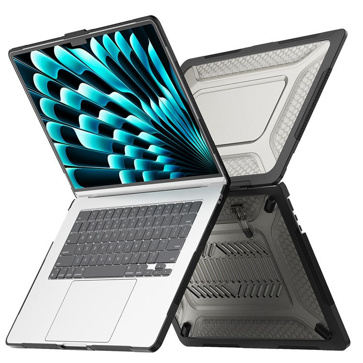 For Macbook Air 15 inch (2025) / (2024) A3114 M3 / (2023) M2 A2941 Anti-Slip Laptop Case Honeycomb Heat Dissipation Kickstand PC+TPU Cover - Black