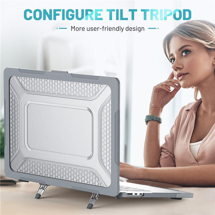 For Macbook Air 15 inch (2025) / (2024) A3114 M3 / (2023) M2 A2941 Anti-Slip Laptop Case Honeycomb Heat Dissipation Kickstand PC+TPU Cover - Grey