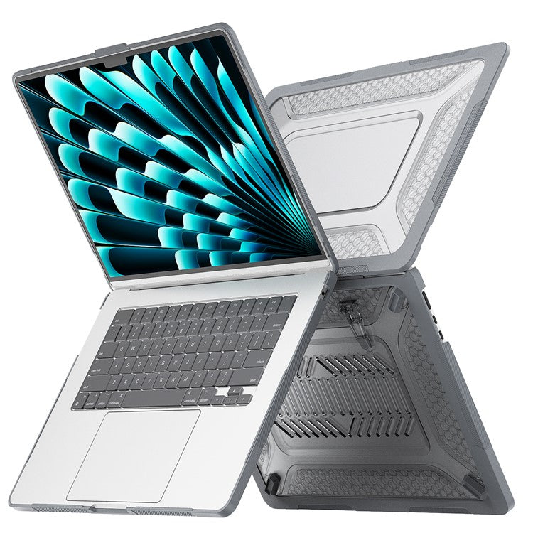 For Macbook Air 15 inch (2025) / (2024) A3114 M3 / (2023) M2 A2941 Anti-Slip Laptop Case Honeycomb Heat Dissipation Kickstand PC+TPU Cover - Grey