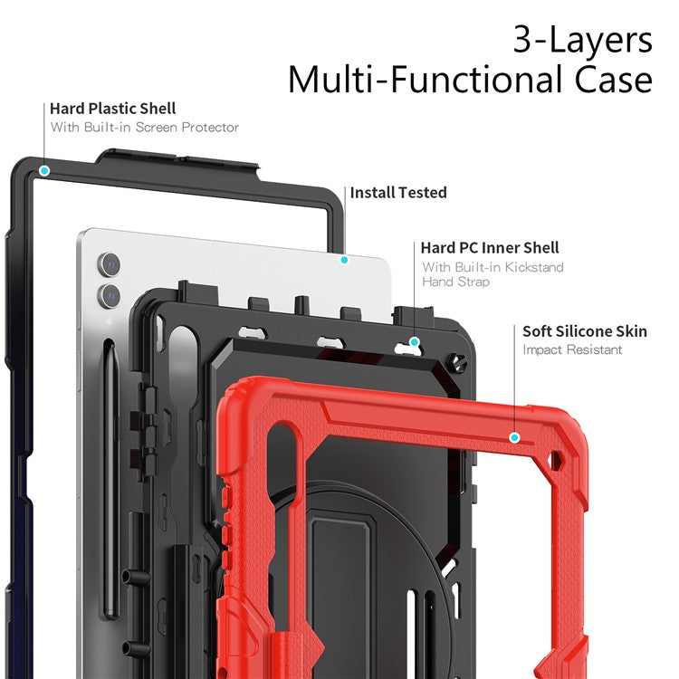 For Samsung Galaxy Tab S10 Ultra / S9 Ultra (SM-X910 / X916B / X918U) Shockproof Case PC+Silicone Tablet Kickstand Cover with PET Screen Film - Red