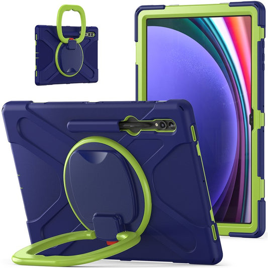 For Samsung Galaxy Tab S10 Ultra X920 / S9 Ultra X910 / S8 Ultra X900 / X906 PC+ Silicone Tablet Case Drop-Proof Rotating Kickstand Cover - Blue  /  Yellowgreen