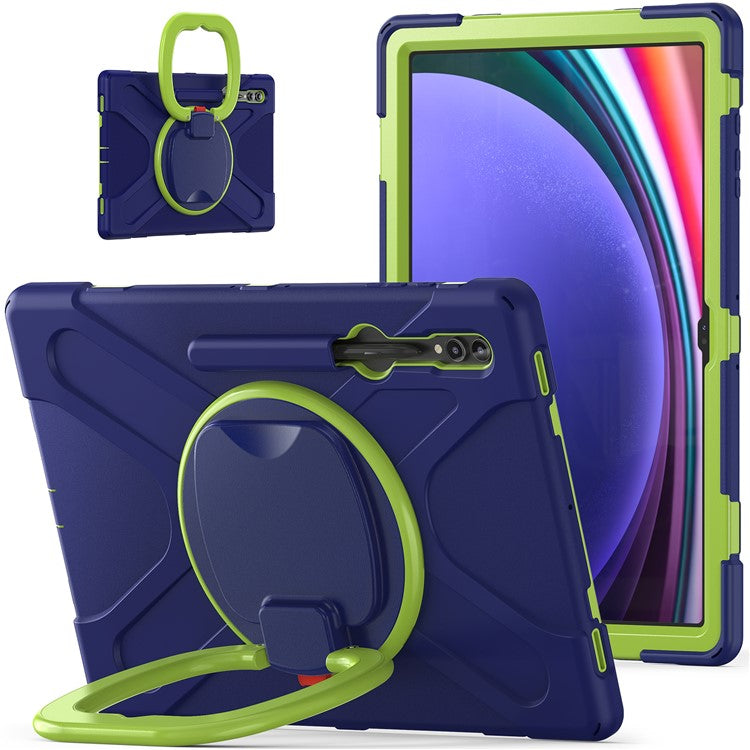 For Samsung Galaxy Tab S10 Ultra X920 / S9 Ultra X910 / S8 Ultra X900 / X906 PC+ Silicone Tablet Case Drop-Proof Rotating Kickstand Cover - Blue  /  Yellowgreen