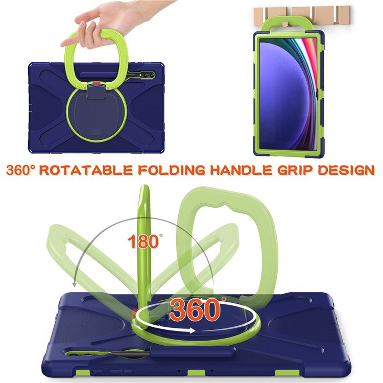 For Samsung Galaxy Tab S10 Ultra X920 / S9 Ultra X910 / S8 Ultra X900 / X906 PC+ Silicone Tablet Case Drop-Proof Rotating Kickstand Cover - Blue  /  Yellowgreen