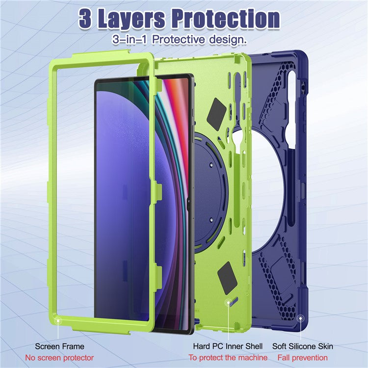 For Samsung Galaxy Tab S10 Ultra X920 / S9 Ultra X910 / S8 Ultra X900 / X906 PC+ Silicone Tablet Case Drop-Proof Rotating Kickstand Cover - Blue  /  Yellowgreen