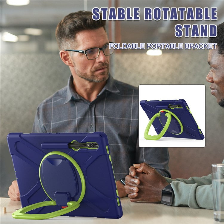 For Samsung Galaxy Tab S10 Ultra X920 / S9 Ultra X910 / S8 Ultra X900 / X906 PC+ Silicone Tablet Case Drop-Proof Rotating Kickstand Cover - Blue  /  Yellowgreen